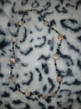 Handmade Marble-Patterned Cube Bead Necklace in Cream and Black